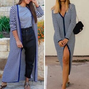 Zara Striped Knit Navy Blue & White Long Maxi Sweater Dress Cardigan Size Large